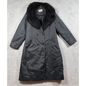 Vintage‎ Bromleigh Long Black Coat Womens Medium Removable Faux Fur Collar
